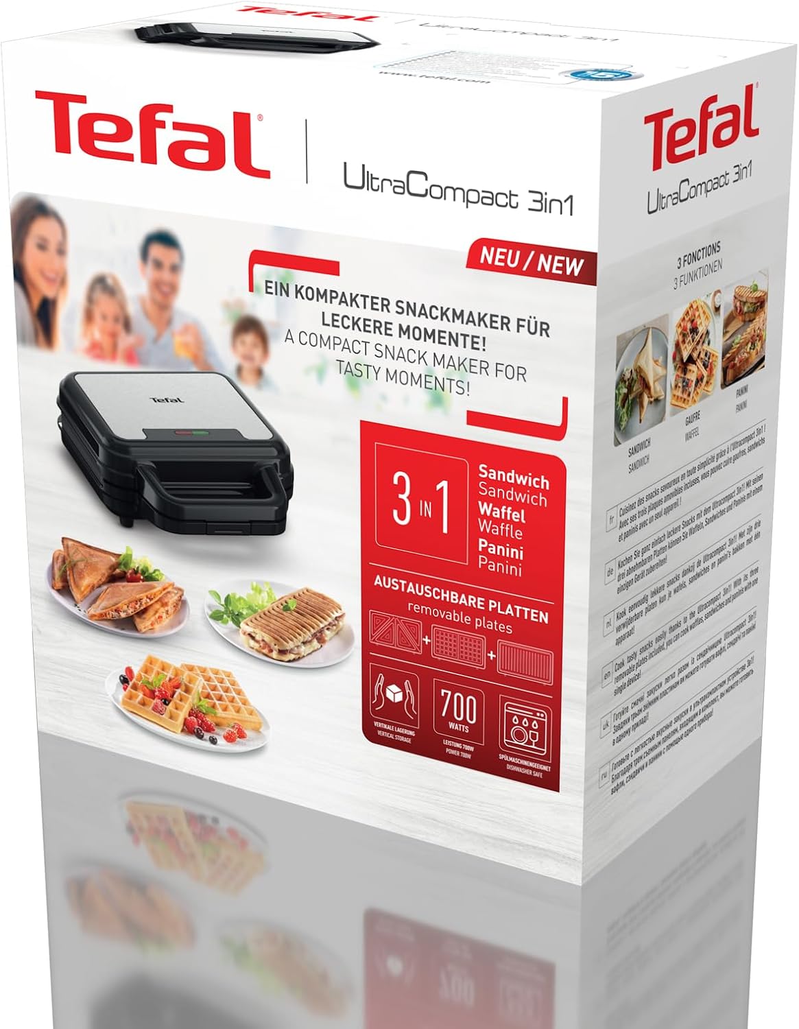 Tefal Ultracompact SW383D10 3-u-1 kombinirani uređaj za sendviče, vafle i panini, neprianjajući sloj, toplinski izolirana ručka, nehrđajući čelik / crna