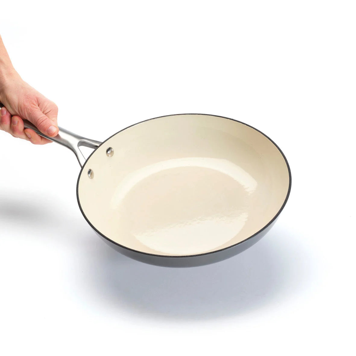 Set 3 emajliranih tava od livenog gvožđa s ručkom od nehrđajućeg čelika (20 cm, 24 cm, 28 cm) – Siva boji – 3-dijelni set