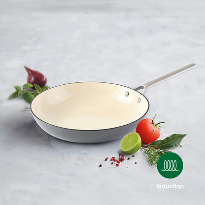 Set 3 emajliranih tava od livenog gvožđa s ručkom od nehrđajućeg čelika (20 cm, 24 cm, 28 cm) – Siva boji – 3-dijelni set