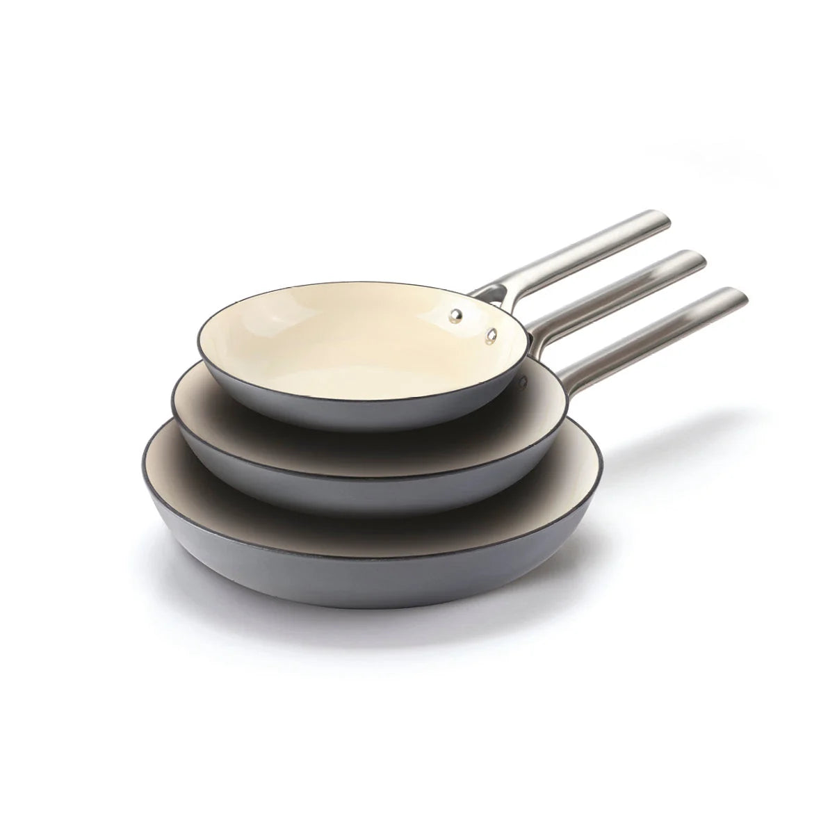 Set 3 emajliranih tava od livenog gvožđa s ručkom od nehrđajućeg čelika (20 cm, 24 cm, 28 cm) – Siva boji – 3-dijelni set