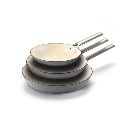 Set 3 emajliranih tava od livenog gvožđa s ručkom od nehrđajućeg čelika (20 cm, 24 cm, 28 cm) – Siva boji – 3-dijelni set