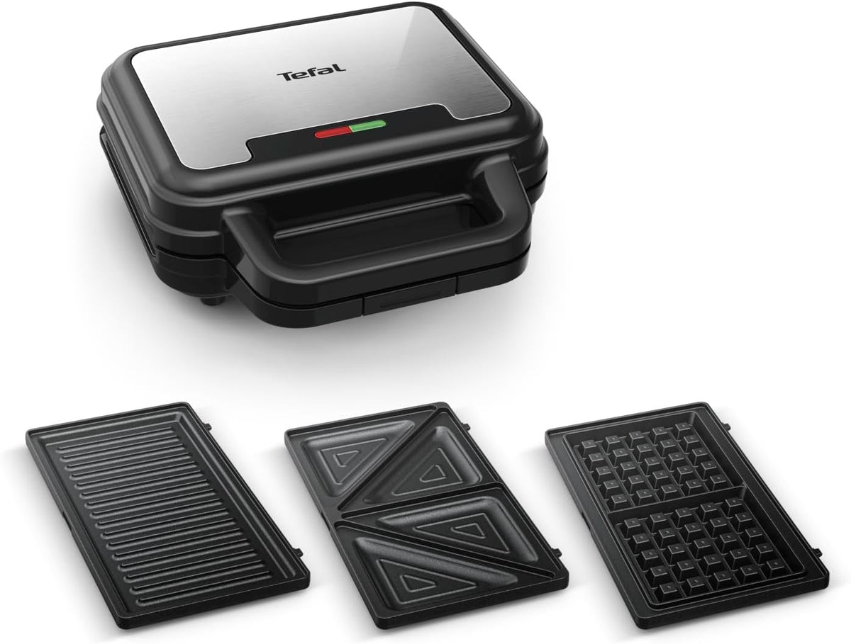 Tefal Ultracompact SW383D10 3-u-1 kombinirani uređaj za sendviče, vafle i panini, neprianjajući sloj, toplinski izolirana ručka, nehrđajući čelik / crna