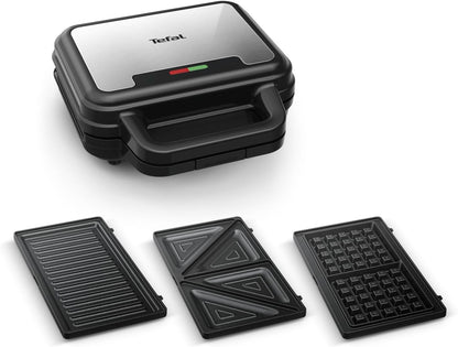 Tefal Ultracompact SW383D10 3-u-1 kombinirani uređaj za sendviče, vafle i panini, neprianjajući sloj, toplinski izolirana ručka, nehrđajući čelik / crna
