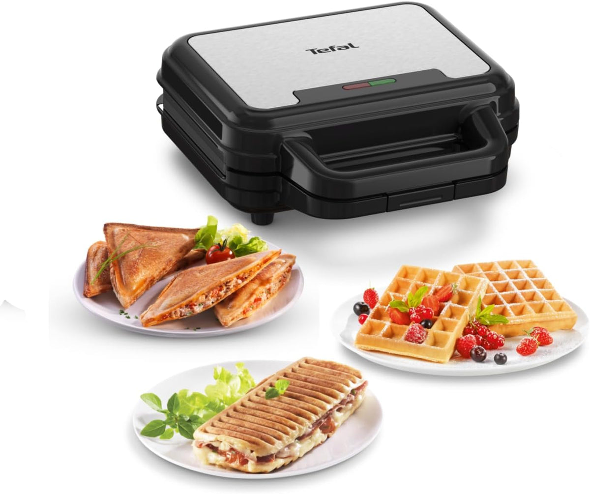 Tefal Ultracompact SW383D10 3-u-1 kombinirani uređaj za sendviče, vafle i panini, neprianjajući sloj, toplinski izolirana ručka, nehrđajući čelik / crna