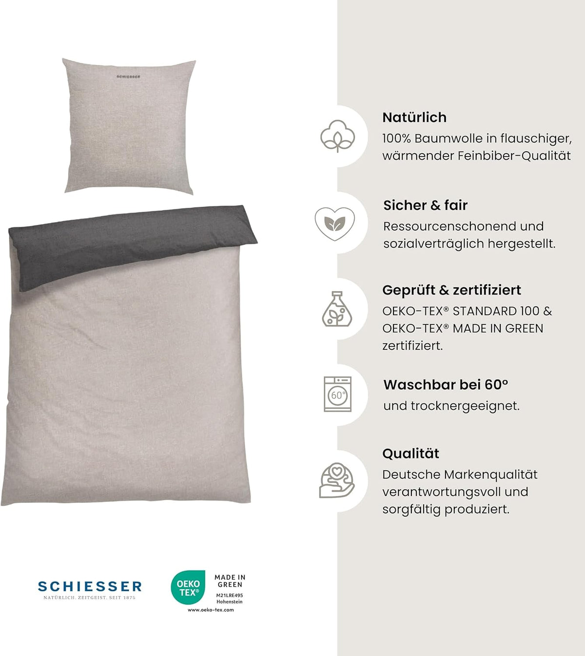 SCHIESSER Home obostrani set posteljine od mekanog flanela – 2 dijela, 100% pamuk