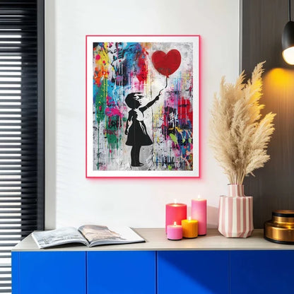 Concrete Balloon Girl – zidna slika u ružičastom neonskom okviru, 50 × 40 cm