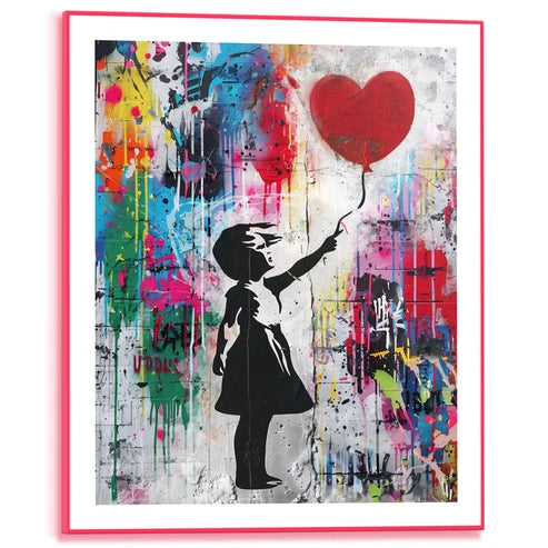 Concrete Balloon Girl – zidna slika u ružičastom neonskom okviru, 50 × 40 cm
